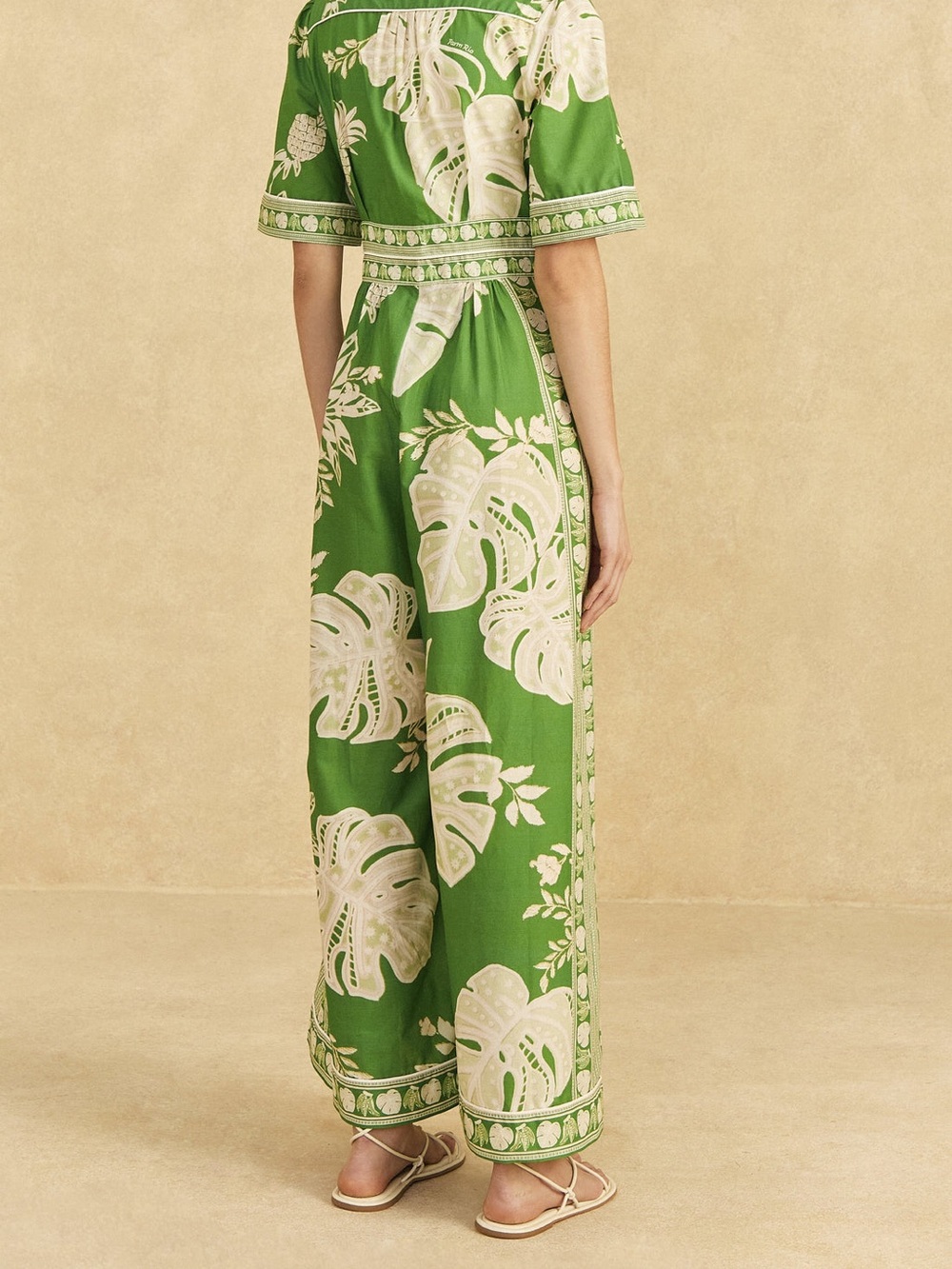 FARM Rio Green & Cream Lace Monstera V-Neck Jumpsuit with Button Front Wide Leg - Picture 6 of 9